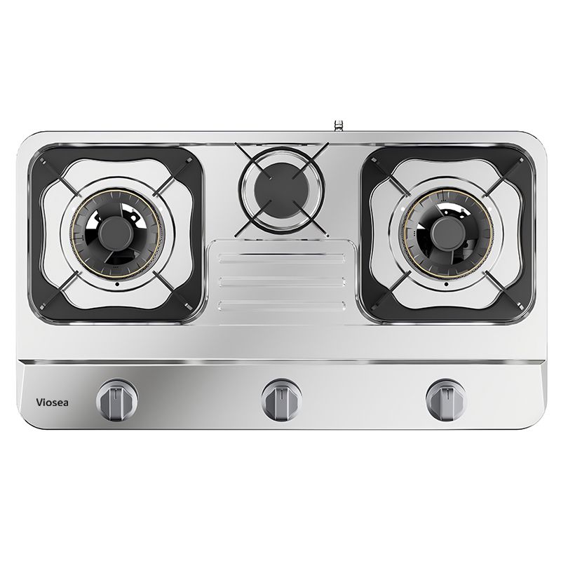 Dapur Gas Pulsed Kaunter Keluli Tahan Karat 3 Pembakar Warna Perak Hitam